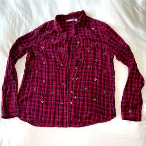 Halogen Boyfriend Plaid holiday lumberjack crystal embellish button down cotton